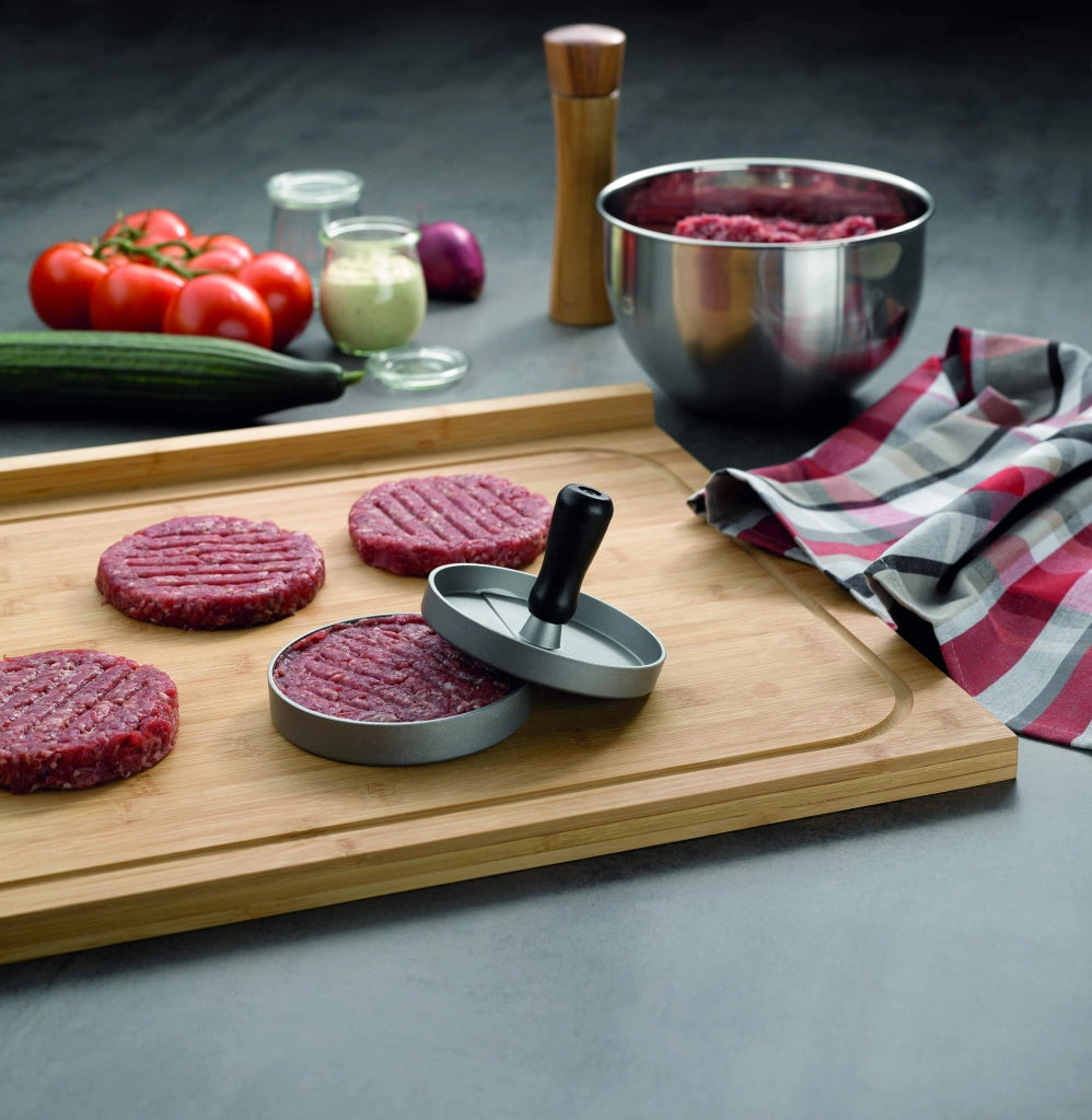 Pressa per hamburger, in alluminio, diametro 12 cm, color argento
