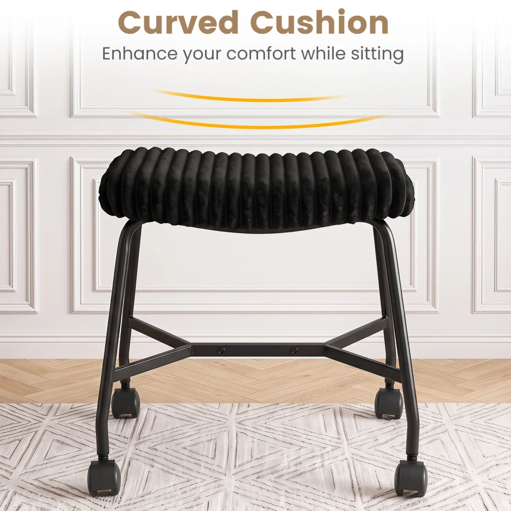 Set of 2 padded rolling stools with curved seat and 4 smooth-rolling casters, black