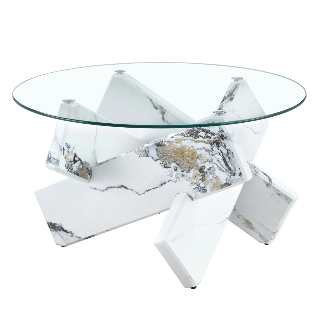 Tavolino rotondo 79 cm in MDF e vetro, bianco trasparente, base incrociata