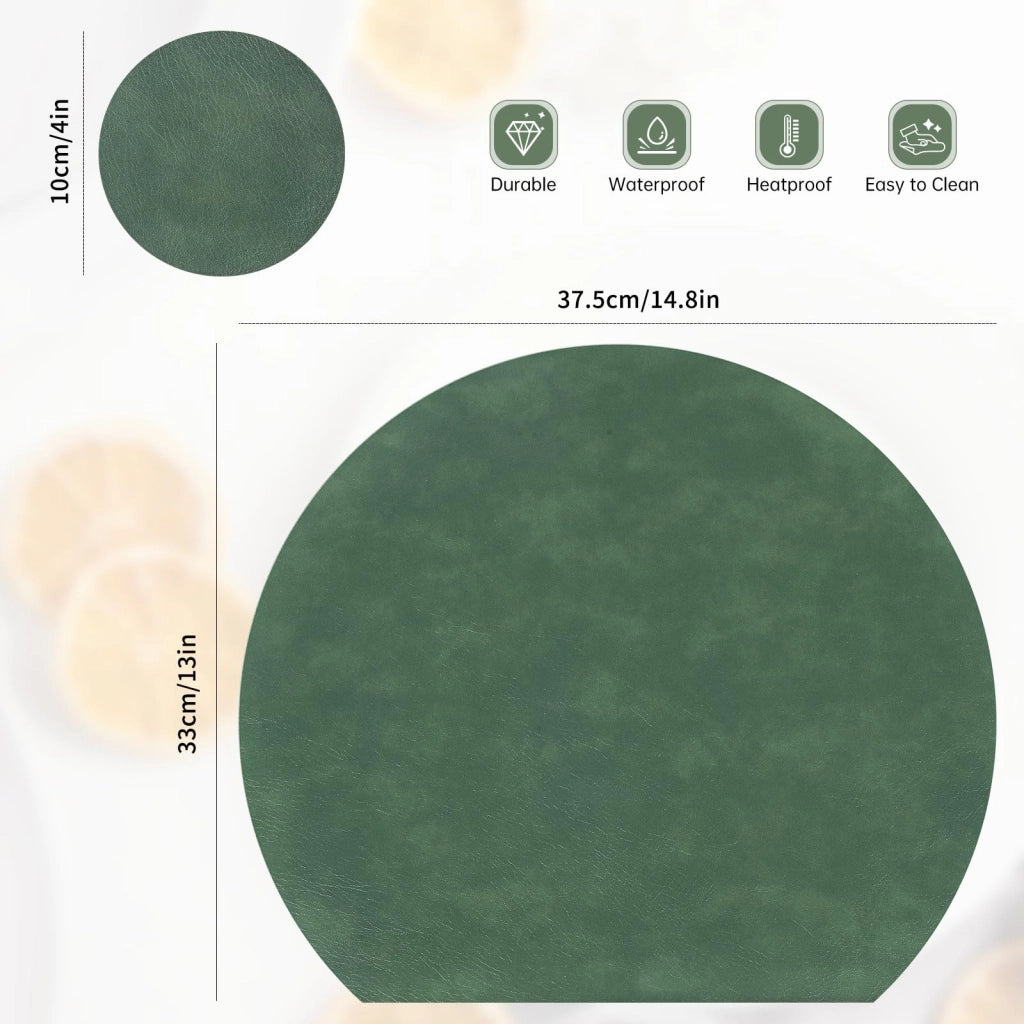Sottopiatti in ecopelle, set da 6 pezzi, fronte-retro, forma rotonda, dimensioni 33x37,5 cm, colore verde bosco/grigio