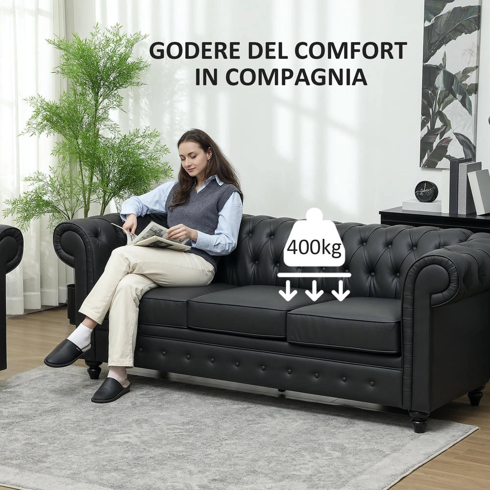 Divano 3 Posti Stile Chesterfield in Finta Pelle Nero, Imbottitura Molle Insacchettate Trapuntato per Soggiorno e Salotto, 213x86x79 cm