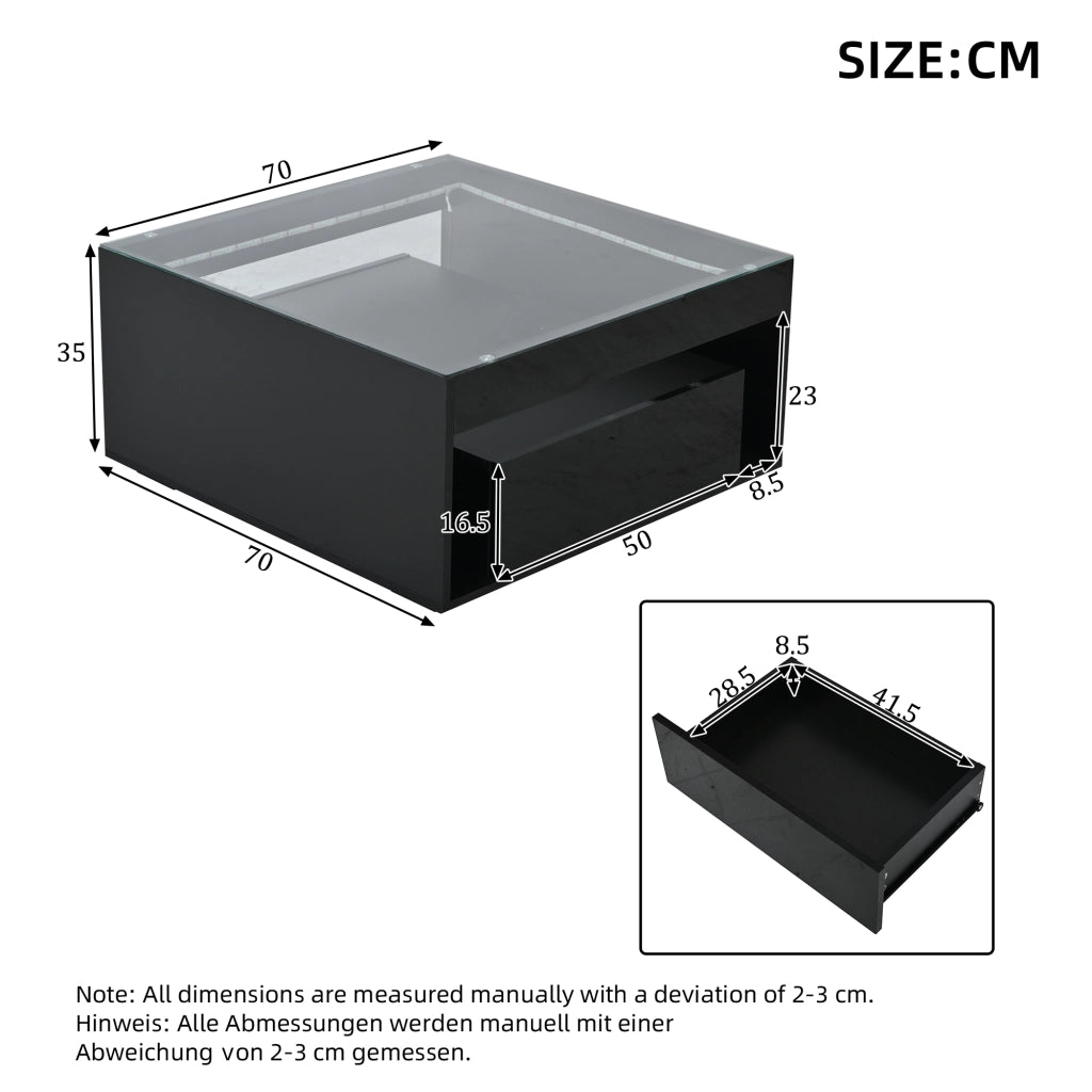 Tavolino da salotto 70 × 70 × 35 cm con 2 cassetti LED controllabile via app piano in vetro temperato MDF nero