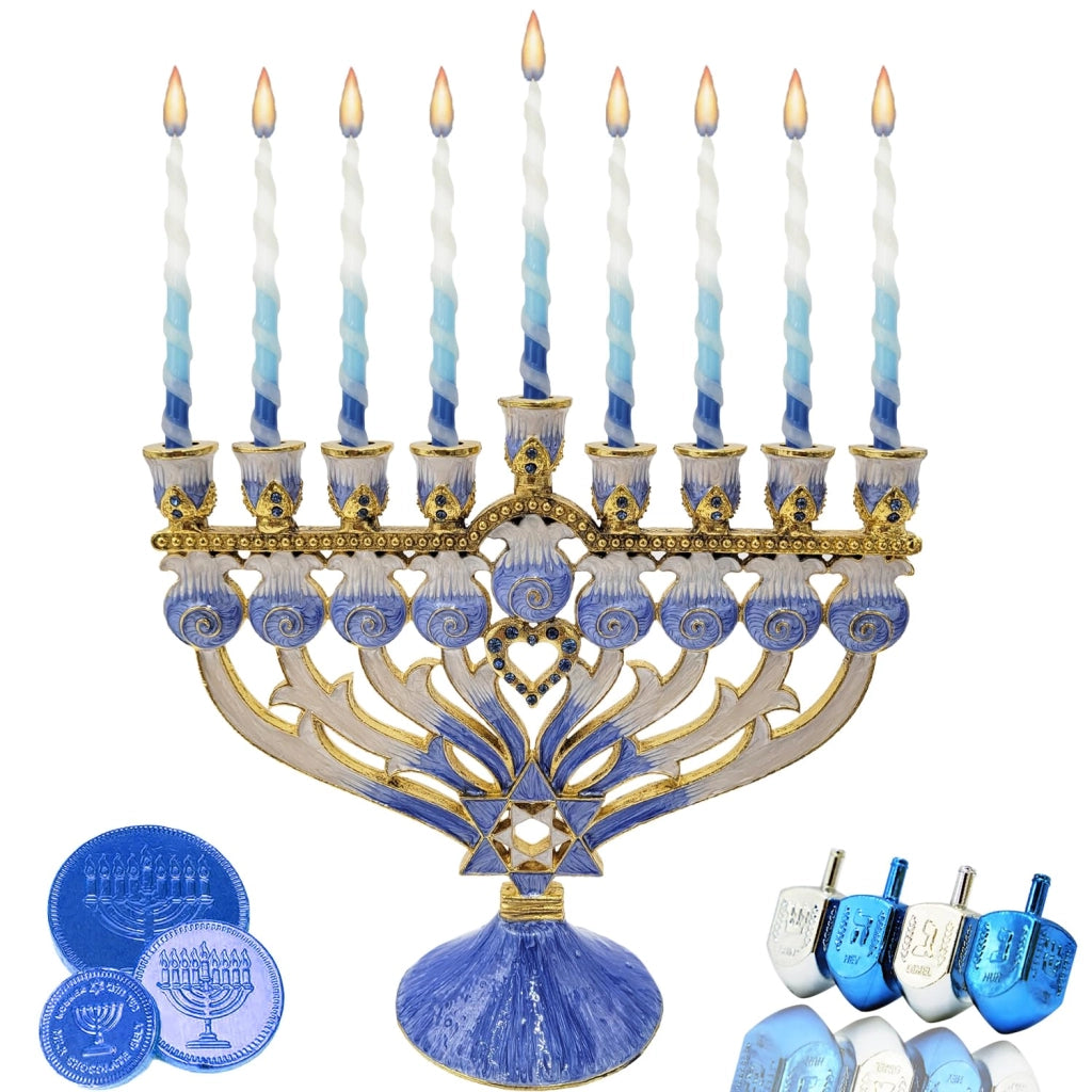 Menorah di Chanukkah, smaltata, con simbolo della Stella di David e cuore, altezza 30 cm