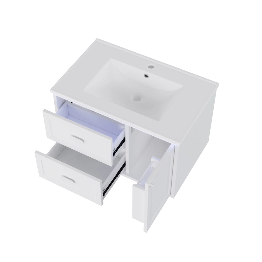 Mobile bagno sospeso bianco 76x46x51 cm con lavabo in ceramica integrato e illuminazione LED a sensore radar