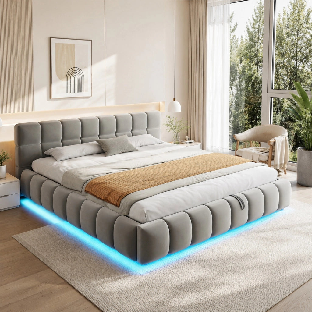 Letto imbottito 180x200 cm con illuminazione LED, contenitore idraulico e testiera in velluto grigio