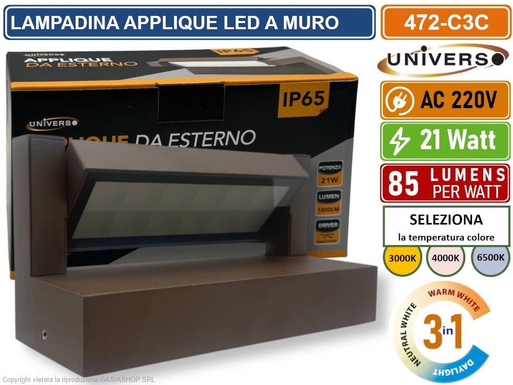 UNIVERSO 472-C3C LAMPADA APPLIQUE LED DA MURO RUOTABILE 21W SMD  CCT 3IN1 CAMBIA COLORE IP65 DA ESTERNO