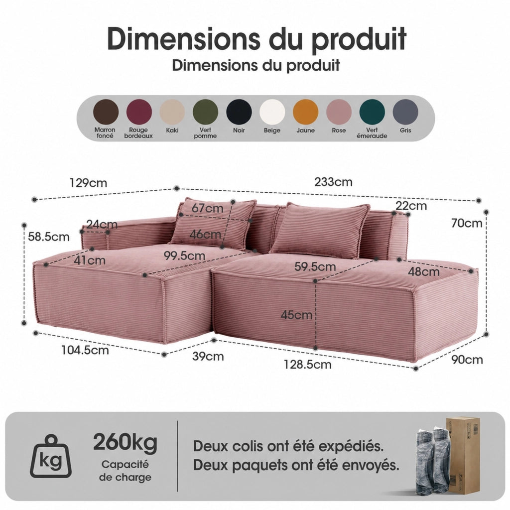 Divano 2 posti 235 cm in tessuto poliestere rosa chiaro, 2 cuscini