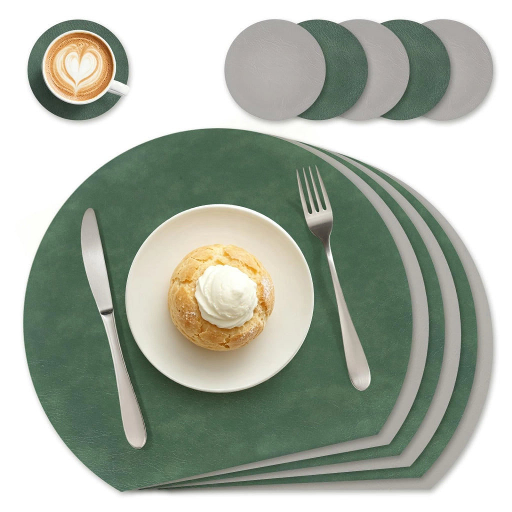 Sottopiatti in ecopelle, set da 6 pezzi, fronte-retro, forma rotonda, dimensioni 33x37,5 cm, colore verde bosco/grigio
