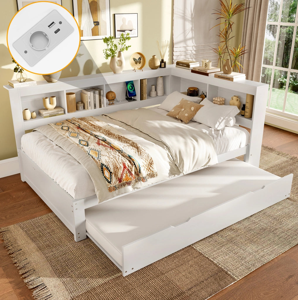Divano letto 219x167x90 cm con letto estraibile, 2 cassetti e 2 porte USB in legno bianco