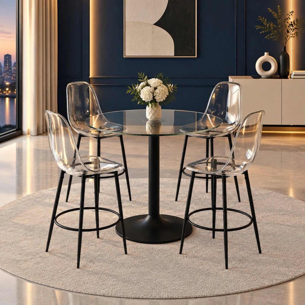 Set tavolo bar Ø 89 cm e 4 sgabelli con schienale in PET; vetro; metallo e plastica; nero e trasparente