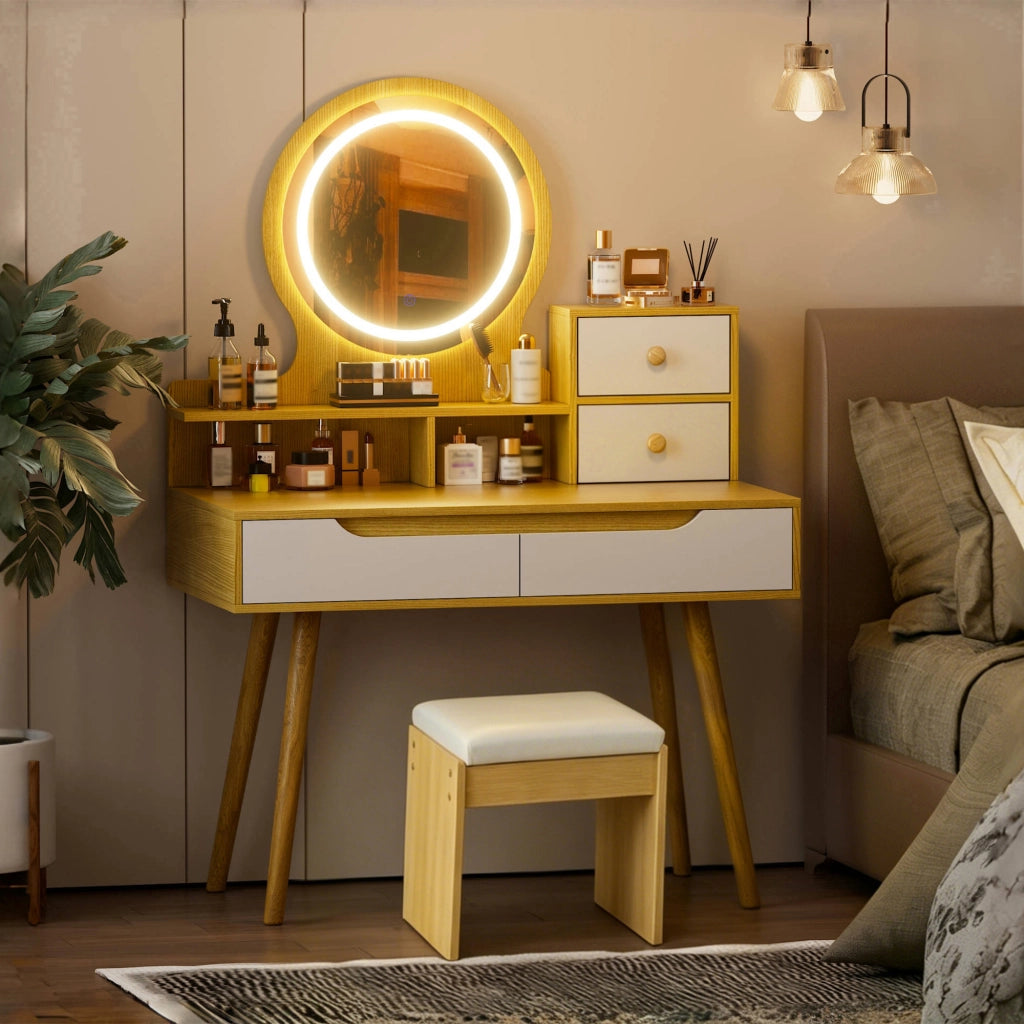 Toeletta con specchio e illuminazione LED regolabile; sgabello imbottito; 2 cassetti e vani; MDF effetto legno naturale
