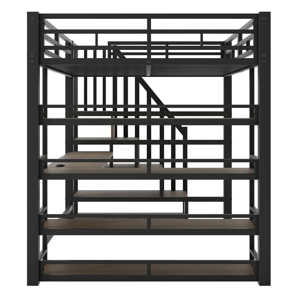 Letto a soppalco in metallo 140x200 cm con scrivania integrata, scala contenitore, luce LED e porta USB, nero