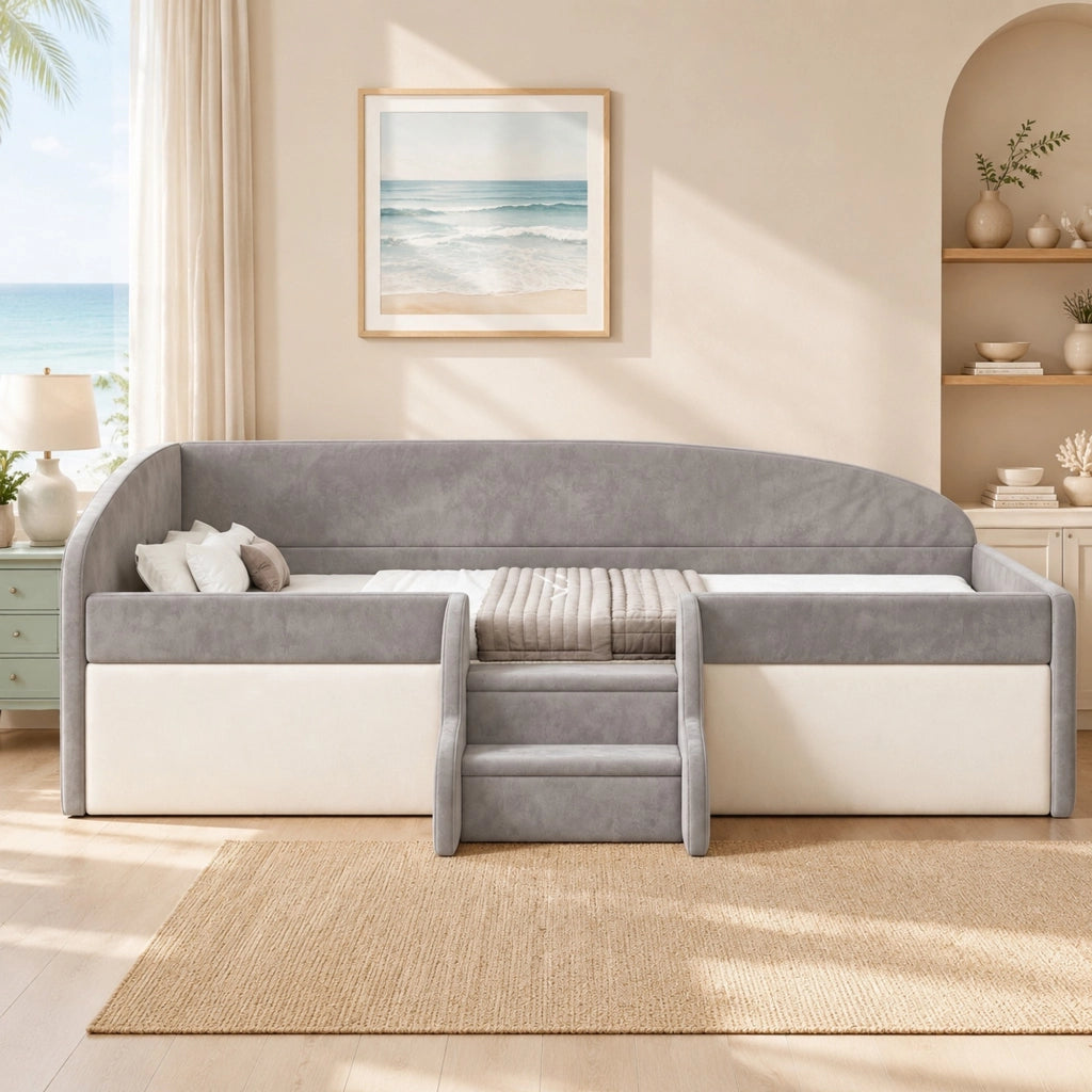 Letto per bambini imbottito 90 x 190 cm con gradini e sponde, grigio