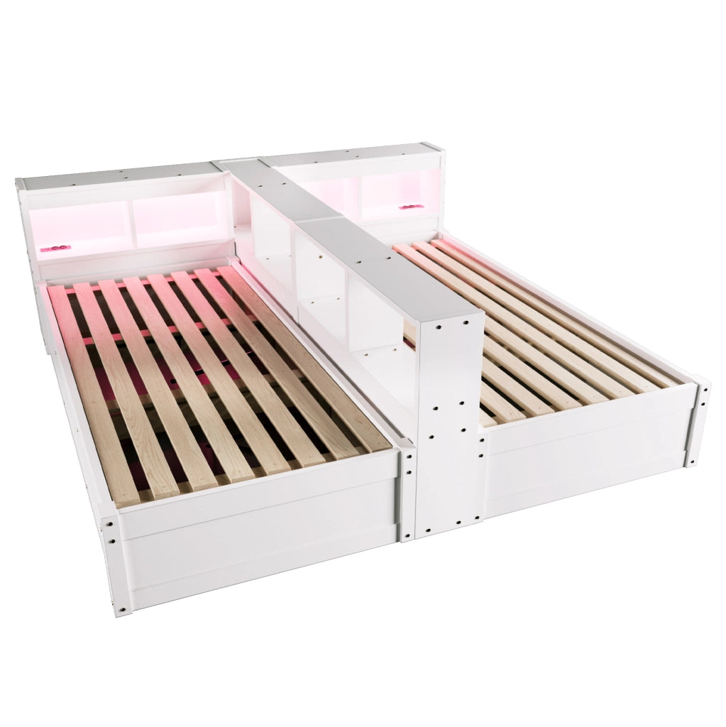 Divano letto multifunzionale 90/180 × 200 cm in legno massello con LED, prese multiple e contenitori, bianco