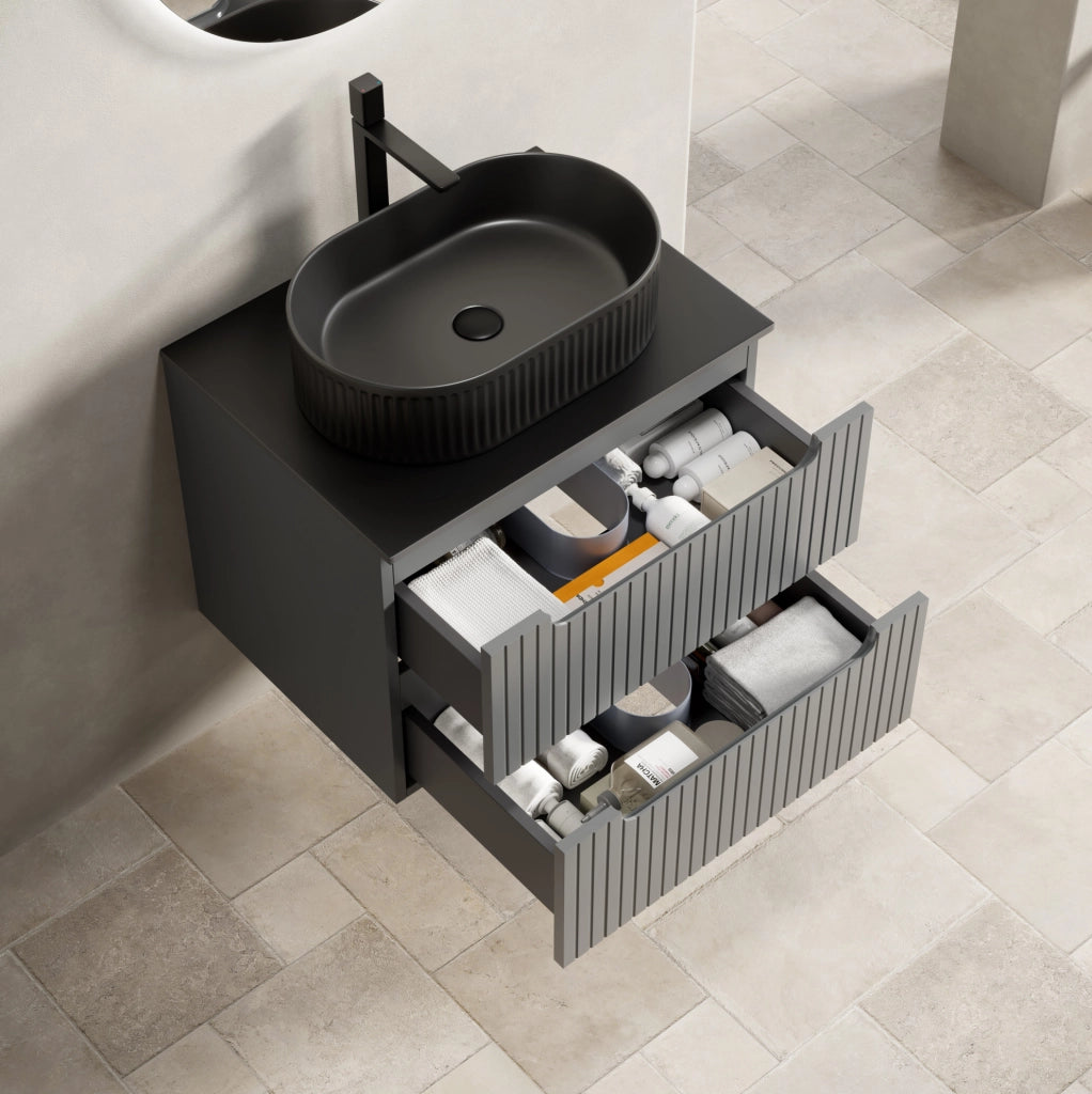 Mobile lavabo sospeso 60 cm nero e grigio scuro, lavabo ovale, 2 cassetti
