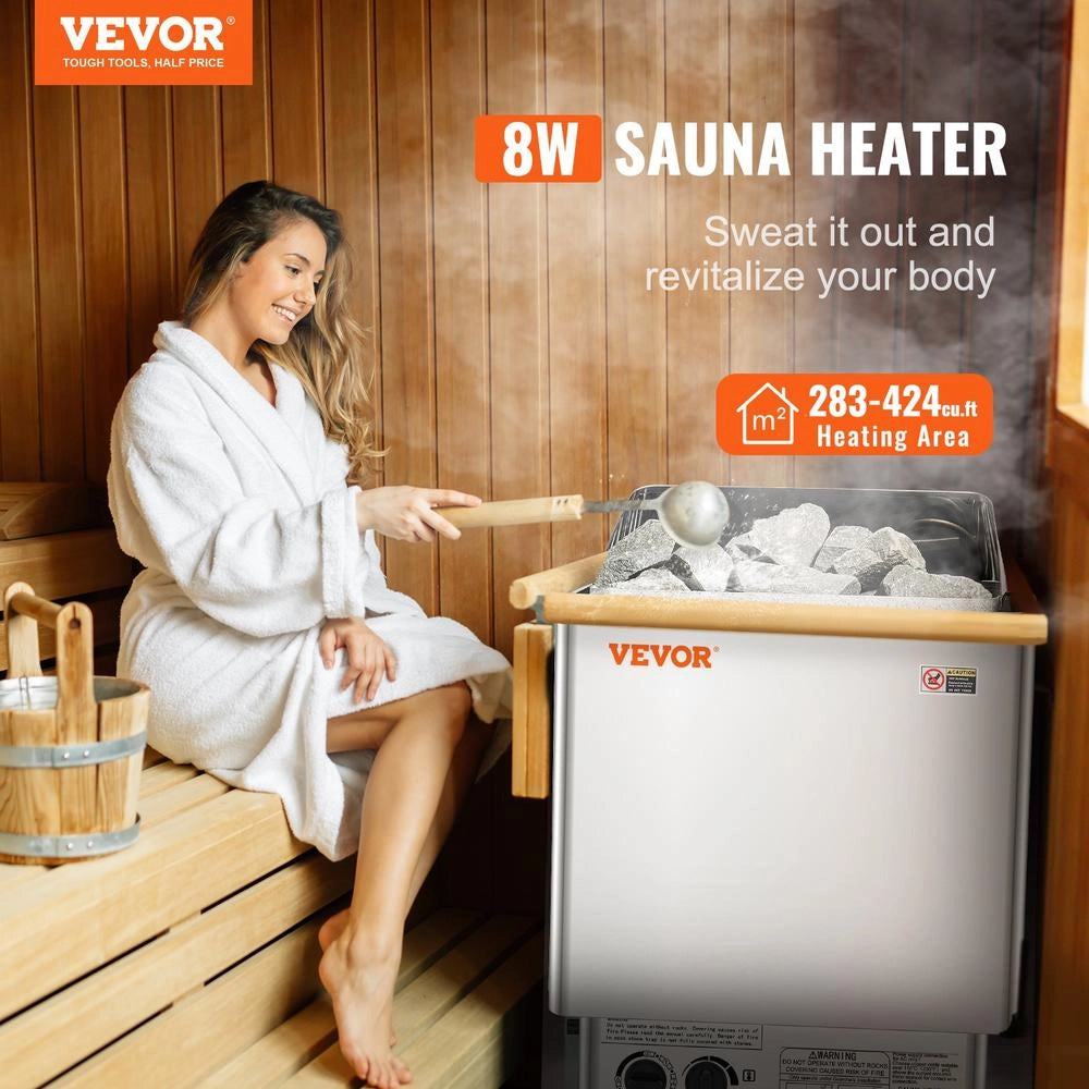 Stufa Elettrica per Sauna 8 kW SCA-80BS in Acciaio Inox, Riscaldatore 400V con Timer 3 Ore per Spazi 8-12 m³, Uso Domestico