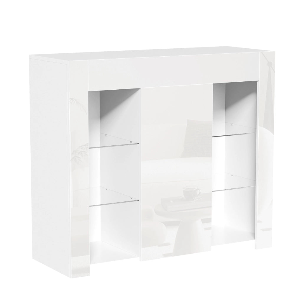 Credenza moderna 95x35x83 cm con ripiani in vetro e anta; struttura in truciolare bianco