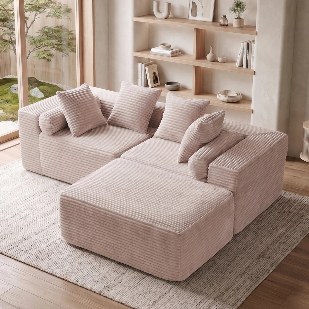 Divano angolare modulare 3 pezzi con chaise longue; imbottitura in schiuma e molle; beige