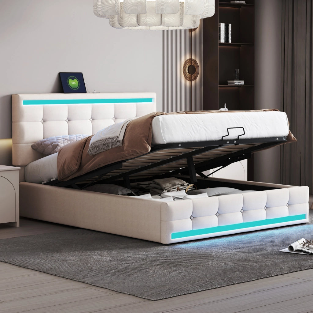 Letto matrimoniale 140x200 cm con contenitore idraulico; LED e 2 porte USB; beige