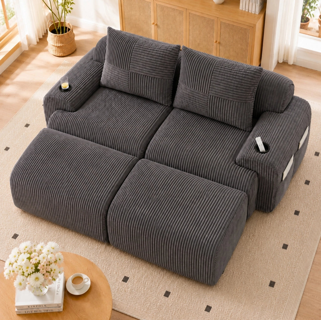 Divano modulare 2 posti IVMEU 200x174x80 cm in velluto a coste grigio scuro, con portabicchieri e tasca laterale