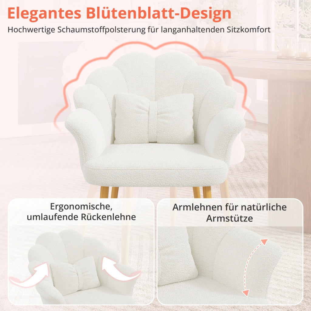 Set di 2 poltrone imbottite con braccioli in tessuto teddy bianco con cuscini a petalo e gambe metalliche moderne