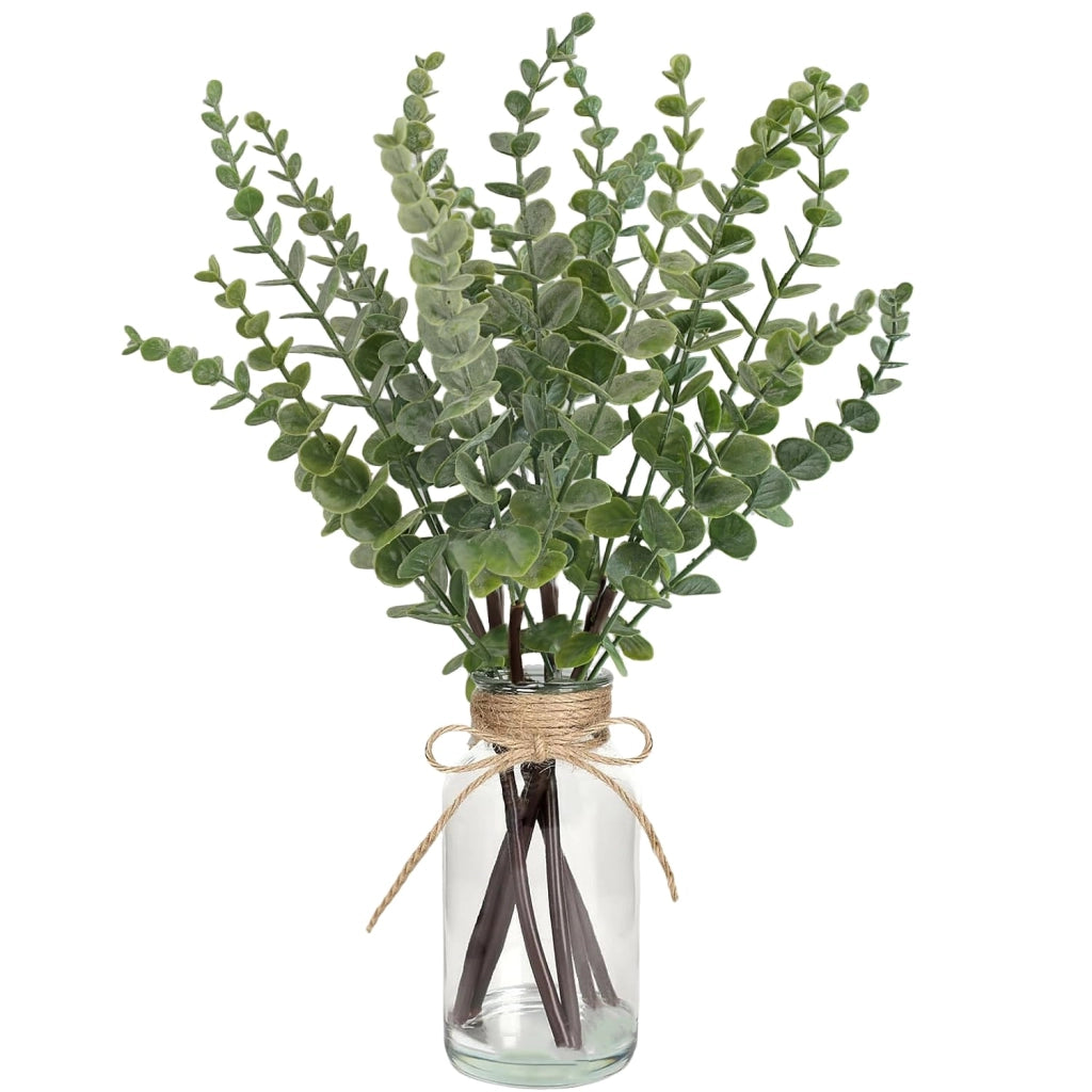 Ramo di eucalipto artificiale in vaso di vetro, 43 cm, colore verde