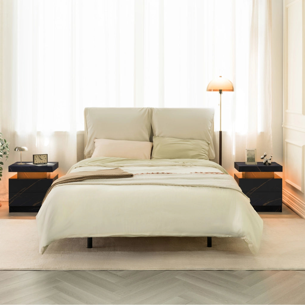 Comodino con luci LED regolabili e 2 cassetti, design moderno nero e oro per camera da letto