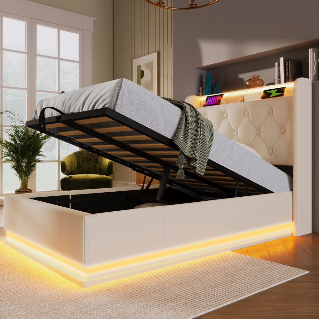 Letto singolo imbottito 90x200 cm con illuminazione LED 360°, testiera con porta USB tipo C, struttura in PU bianco con contenitore idraulico (senza materasso)