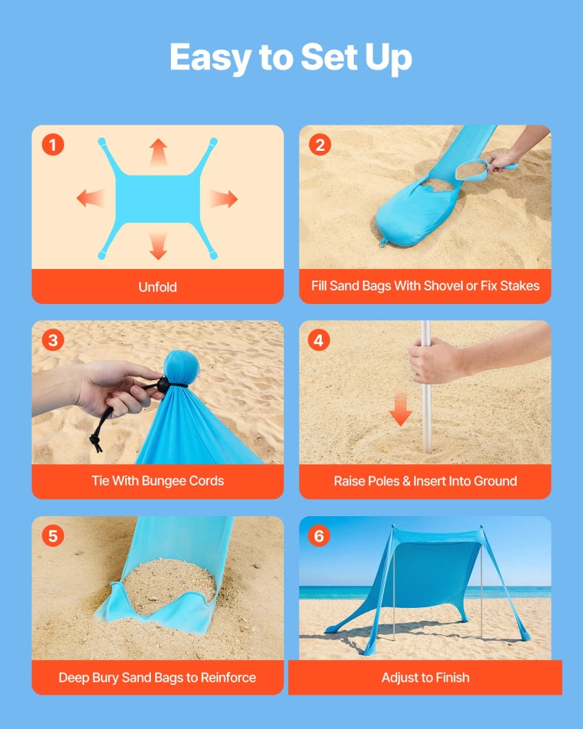Tenda Parasole da Spiaggia Portatile TM002 2,3 x 2,3 x 2 m Protezione UPF50+ con Pali di Supporto per Campeggio e Giardino Blu