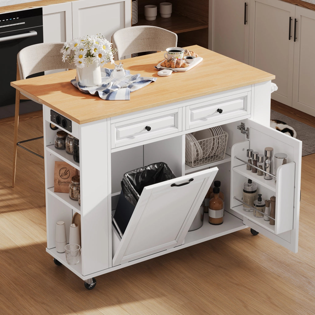 Isola da cucina con piano estensibile in MDF e PB bianco naturale con prese AC USB e USB C ruote bloccabili
