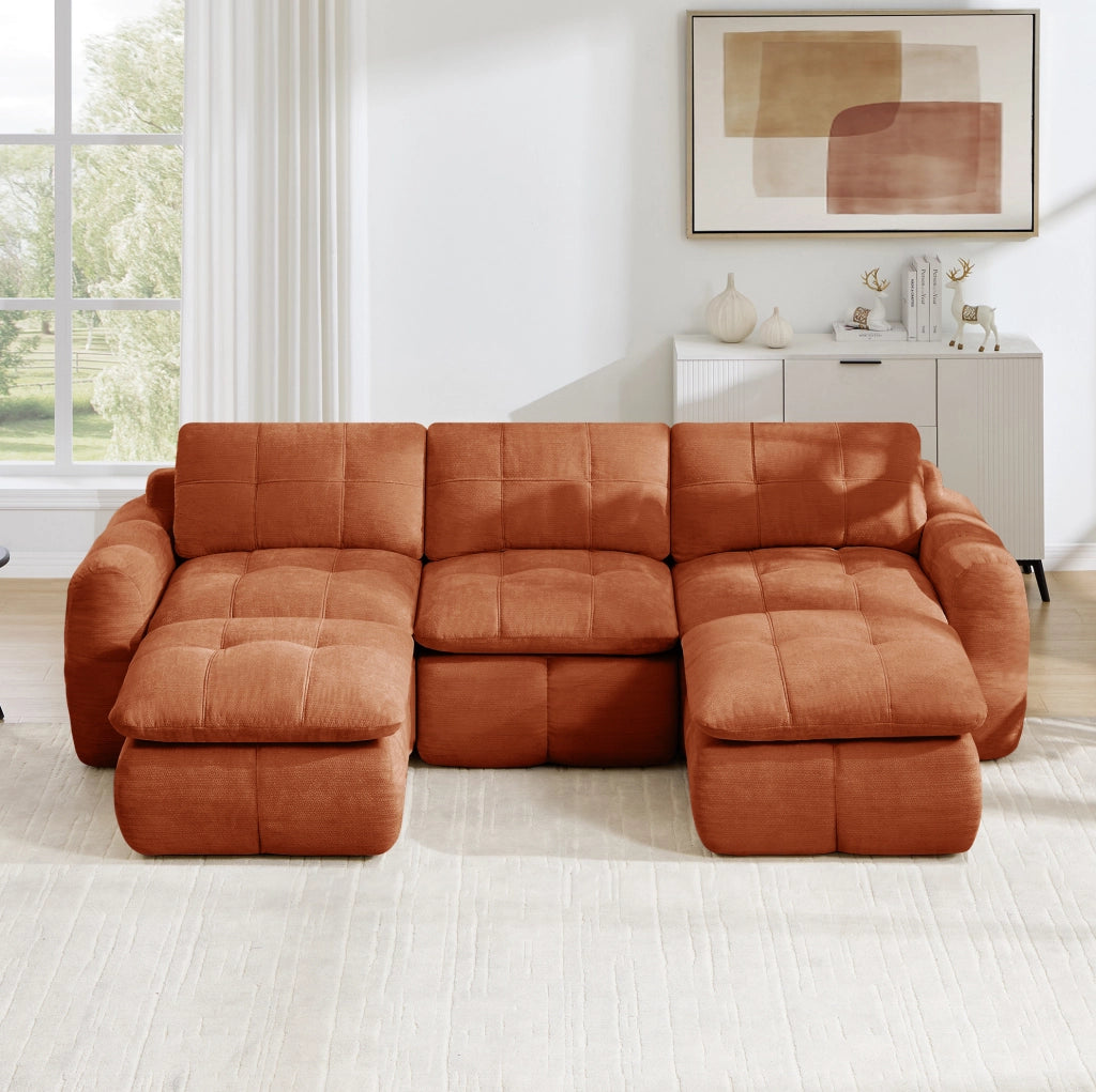 Divano modulare a U 264x160x68 cm in ciniglia arancione, 3 posti con 2 pouf