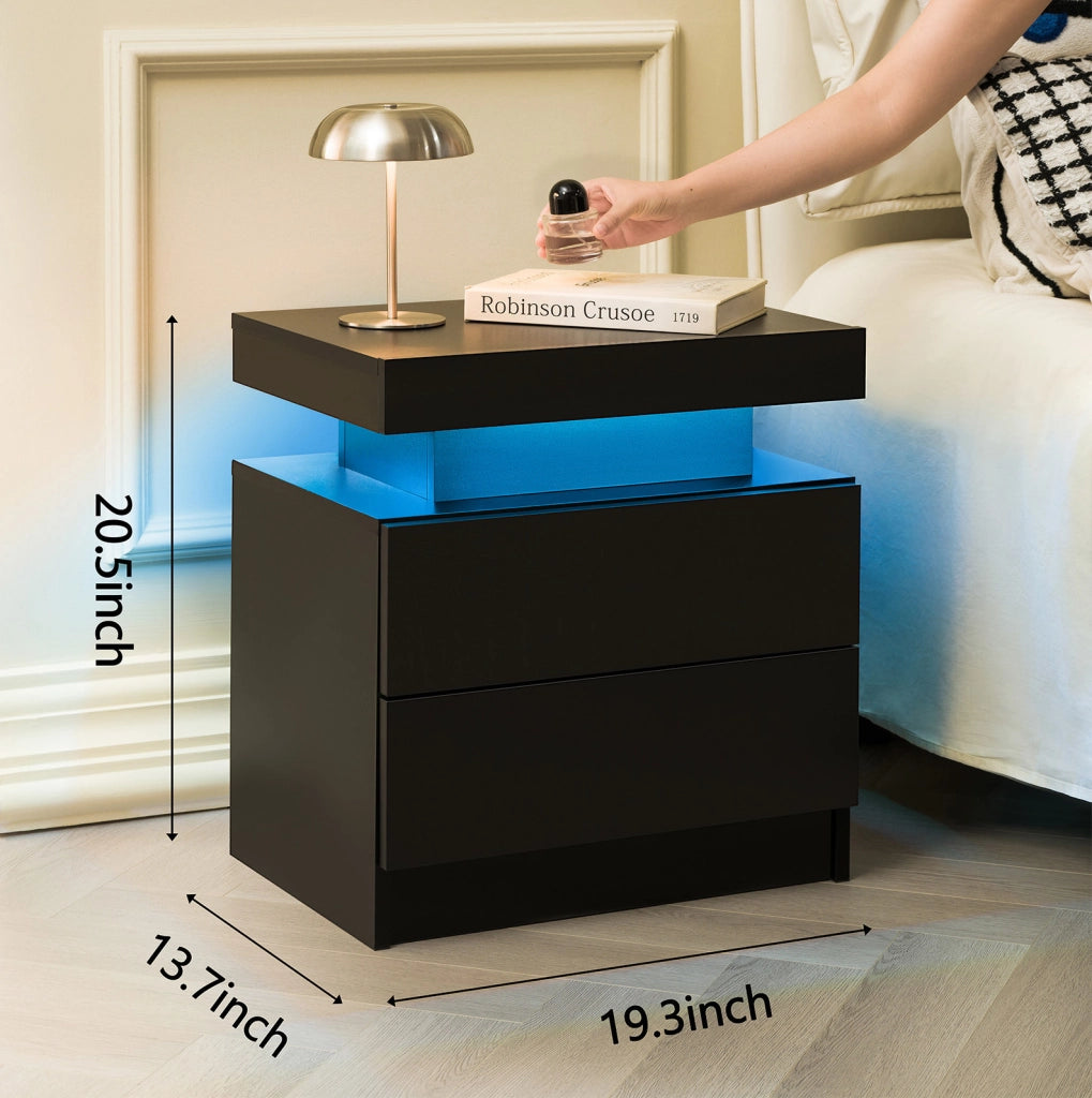 Comodino Moderno con LED Regolabili e 2 Cassetti, Nero, per Camera da Letto