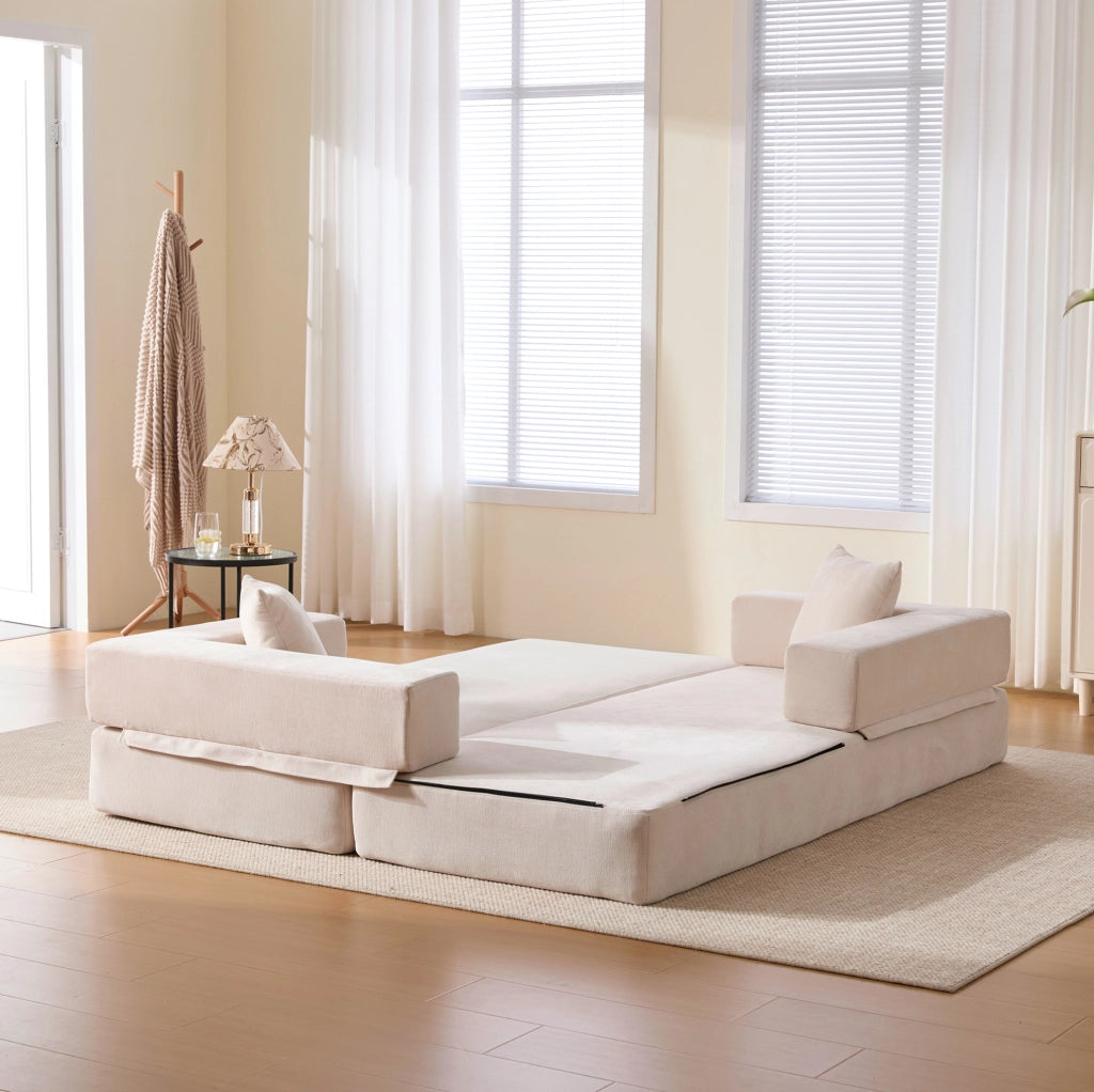 Modulo divano componibile in ciniglia beige con tasche laterali