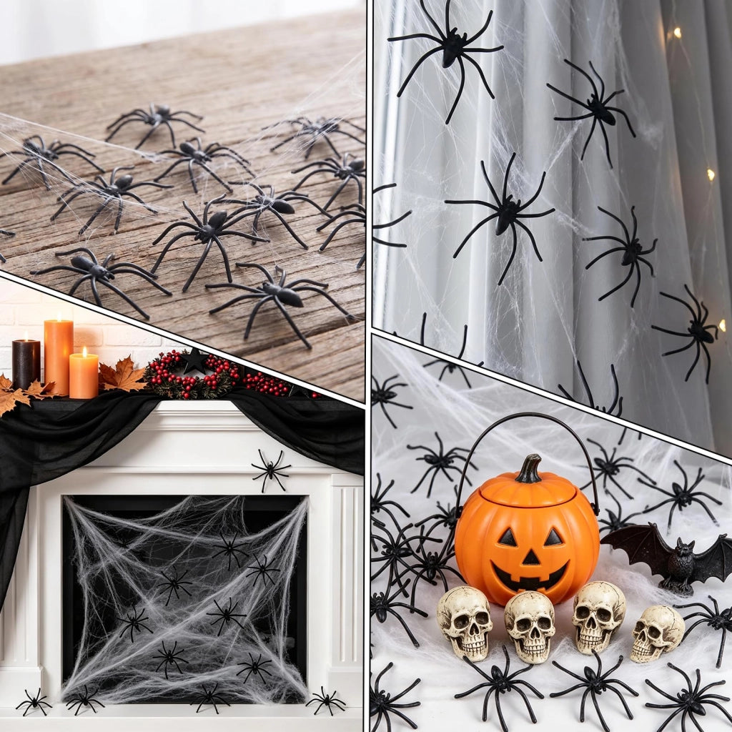 Ragnatele di Halloween, 160 pezzi, 4,5 cm, nere, in plastica