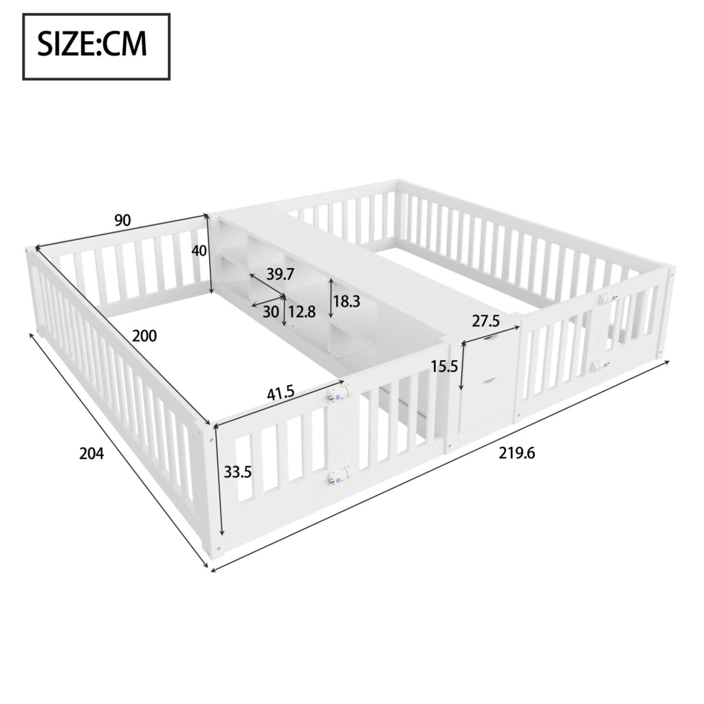 Letto a castello in legno 90x200 cm con cassetti e scaffali doppi, struttura robusta con sponde di sicurezza bianche per bambini