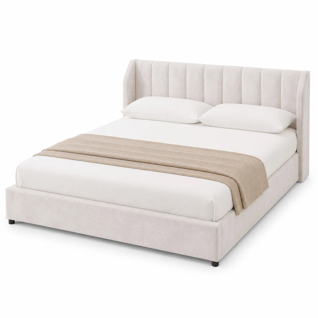 Letto imbottito beige 180 x 200 cm con rete a doghe e due cuscini