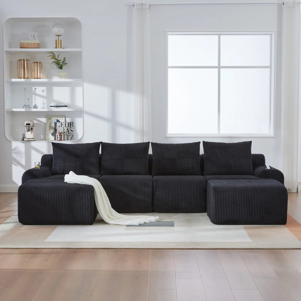 Divano modulare 4 posti 333x174x80 cm con moduli componibili, portabicchieri e tasca laterale in tessuto a coste nero, moderno