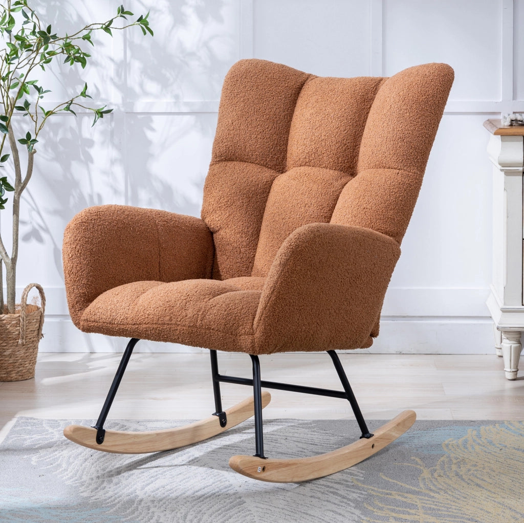 Sedia a dondolo in tessuto teddy marrone con base in legno