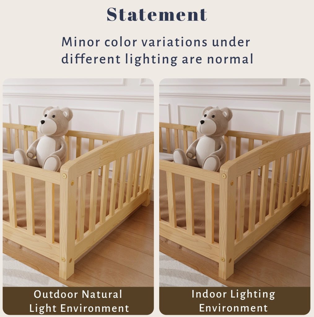 Letto per bambini a pavimento 90 × 200 cm in legno di pino naturale con sponde di sicurezza e ingresso centrale