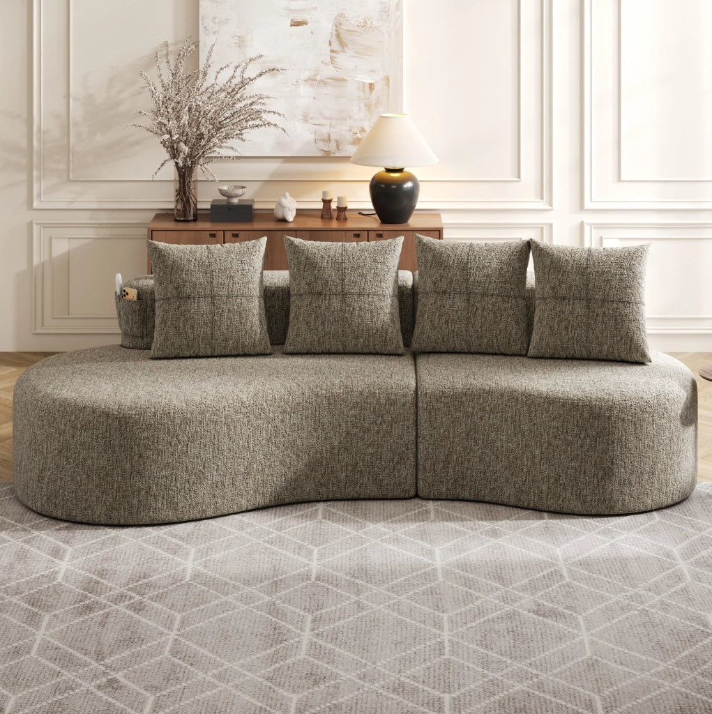Divano 4 posti 240x109x63 cm in lino kaki con portabicchieri e tasche laterali