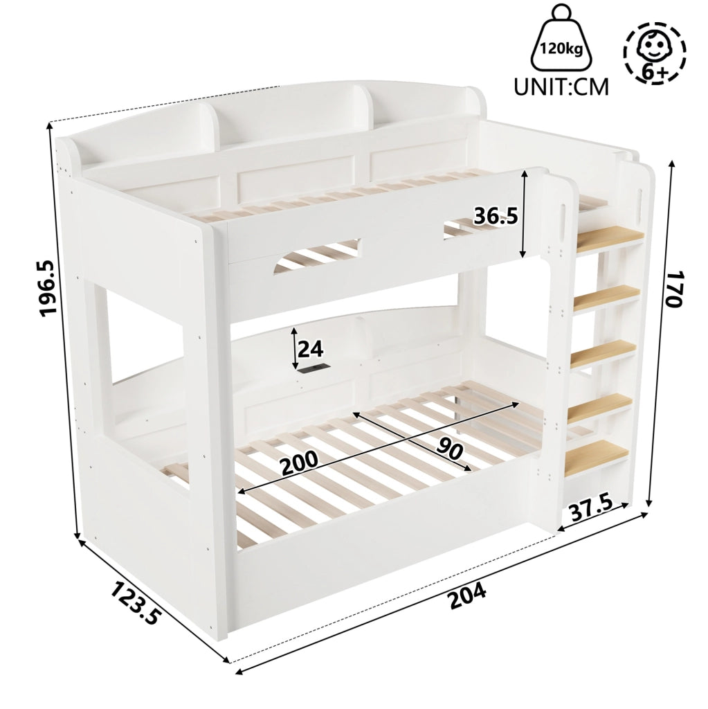 Letto a soppalco con letto inferiore, prese USB e ripiani beige 123,5x204x196,5 cm