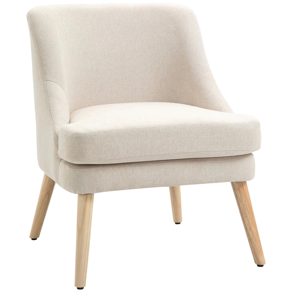 Poltrona Scandinava da Salotto in Tessuto Effetto Lino Beige con Gambe in Legno Massello Poltroncina Ergonomica per Camera da Letto e Soggiorno