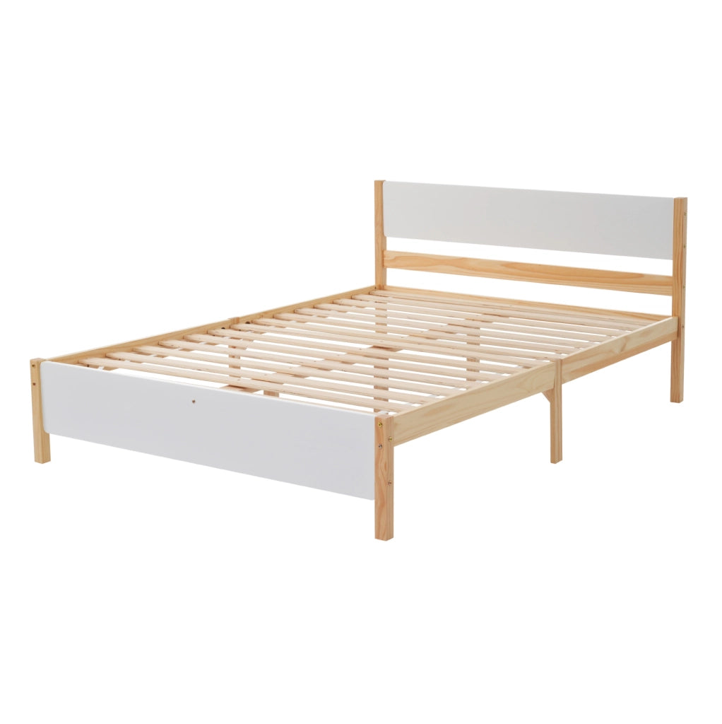 Letto matrimoniale 140x200 cm in legno di pino e MDF con 15 doghe; bianco e naturale