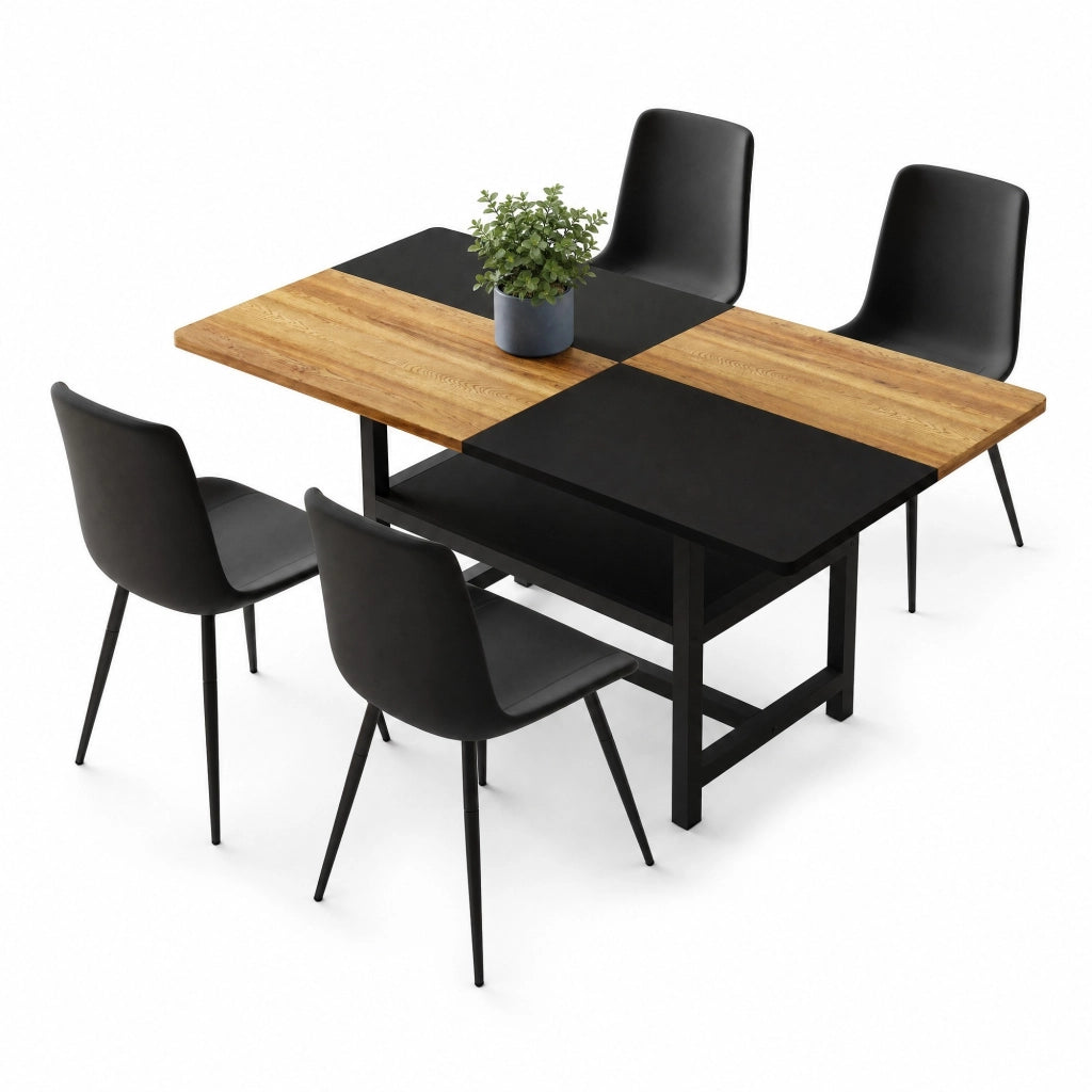 TAVOLO da pranzo 160 cm con 4 sedie, MDF e metallo, marrone e nero, set da 5 pezzi
