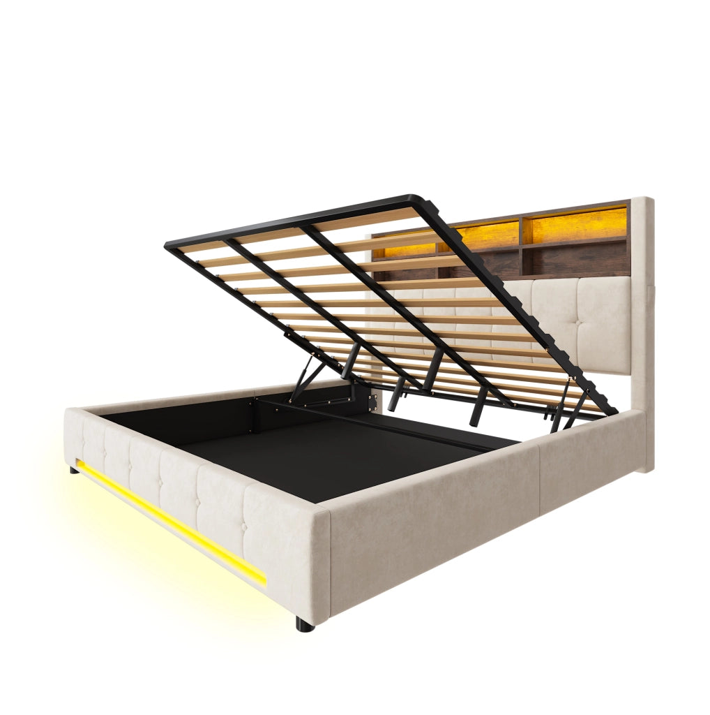 Letto in velluto 180×200 cm con testiera multifunzionale, 6 scomparti, LED, USB-C, meccanismo idraulico e grande contenitore protetto dalla polvere
