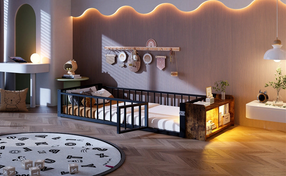 Letto singolo per bambini 90x200 cm con sponda; vano aperto e LED in metallo e MDF; nero