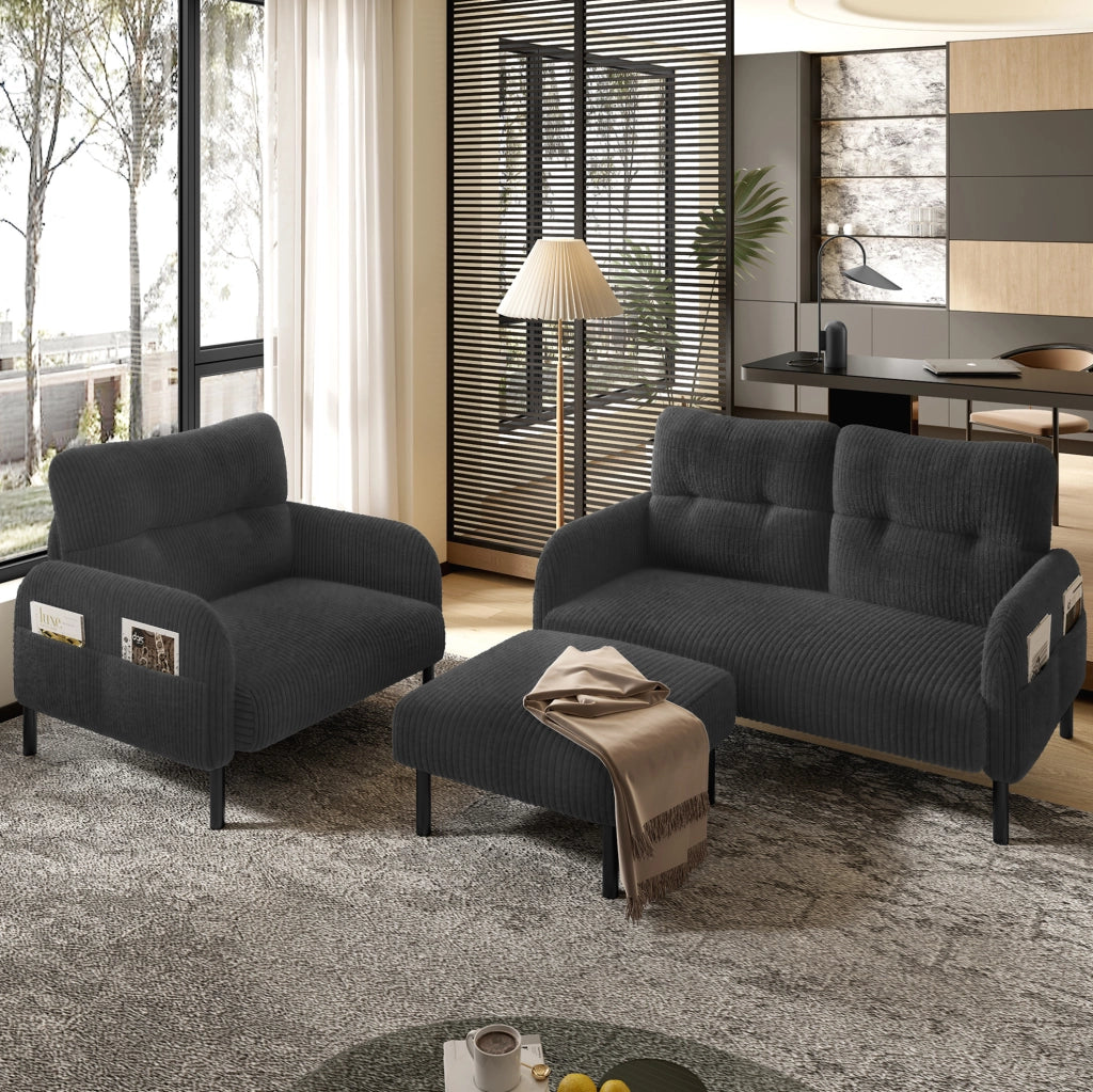 Set divano 2 posti, poltrona e pouf 120x75x79 cm grigio in velluto a coste modulare
