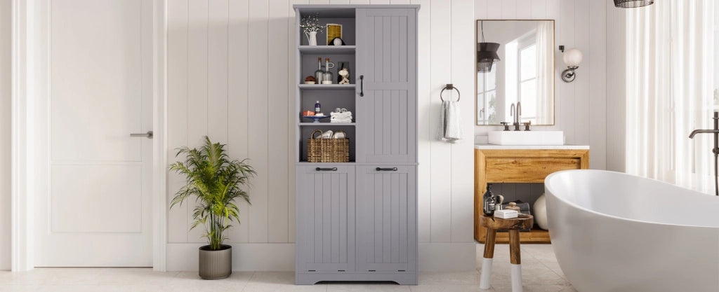 Mobile da bagno in MDF grigio 78x35x172 cm con doppio cestino per biancheria e ripiani regolabili