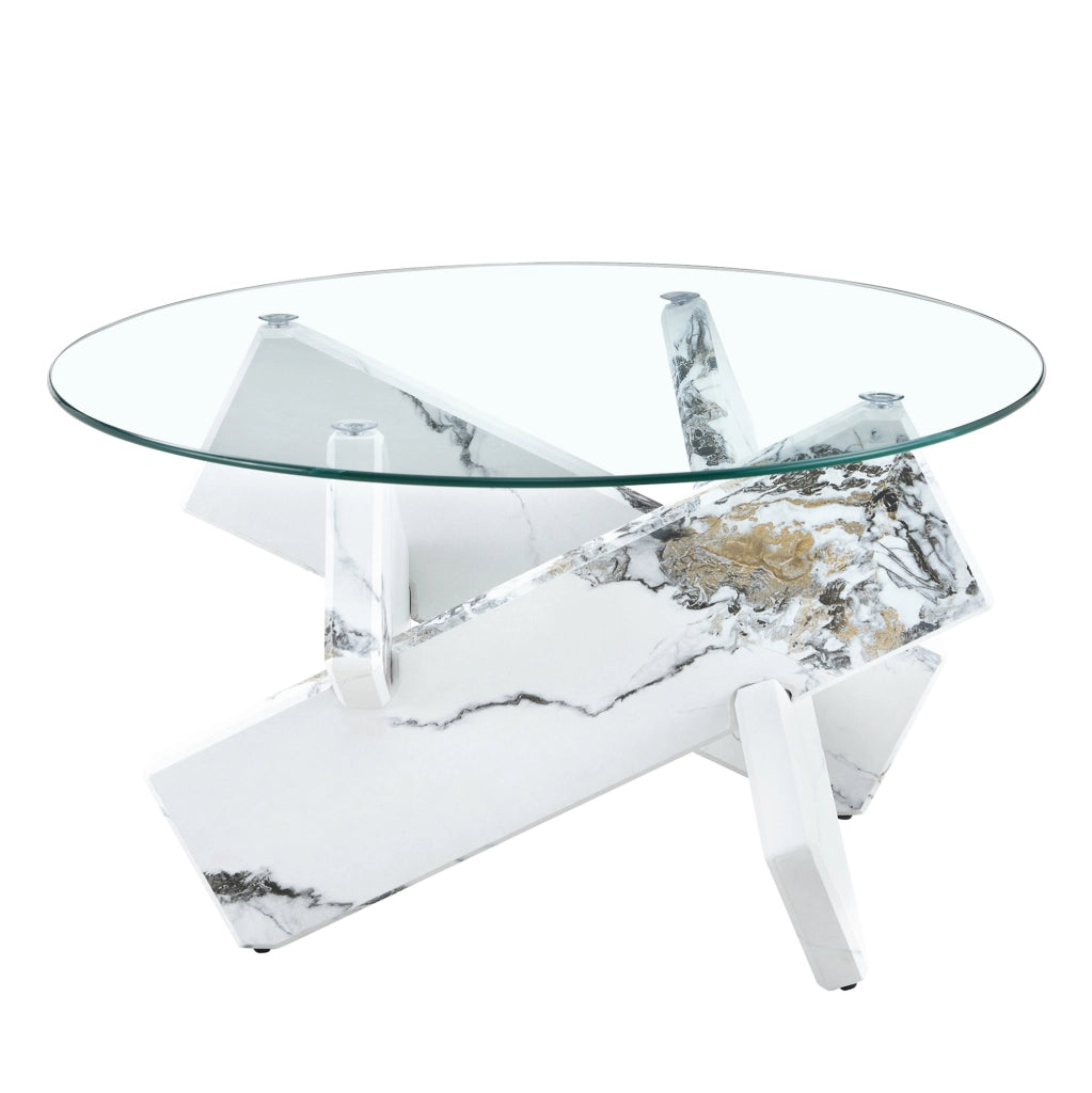 Tavolino rotondo 79 cm in MDF e vetro, bianco trasparente, base incrociata
