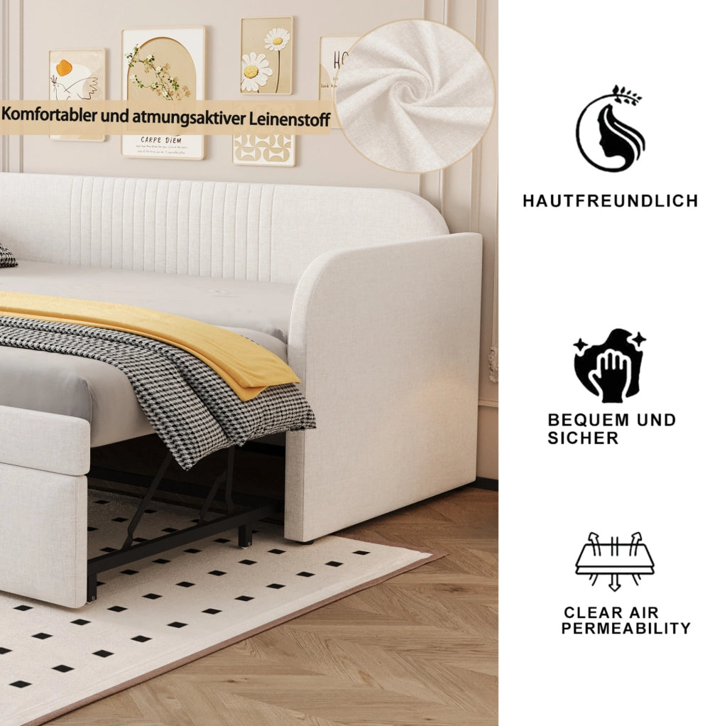 Divano letto imbottito estensibile 90/180 x 190 cm in lino beige, con rete a doghe
